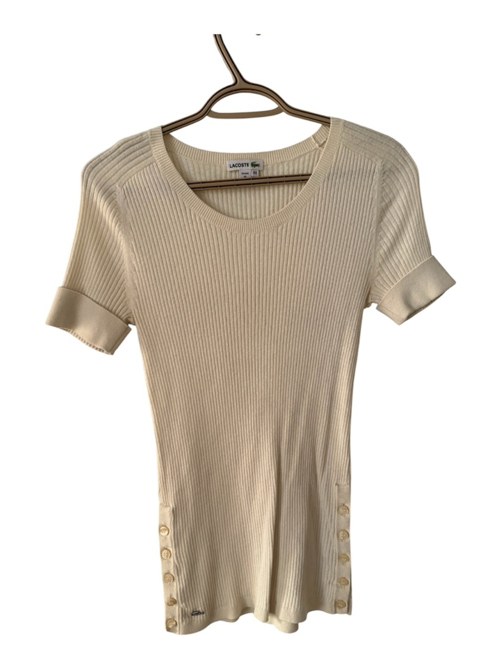 Lacoste Cream Ribbed Short Sleeve Knit Tee with Button Hem
